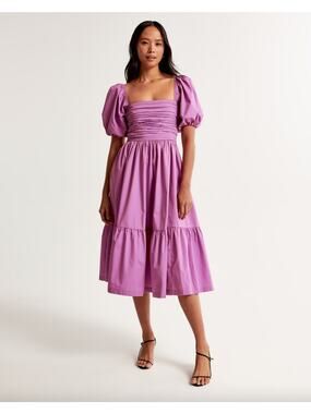 Abercrombie & Fitch Emerson Poplin Puff Sleeve Midi Dress Purple Sz S Nice!
